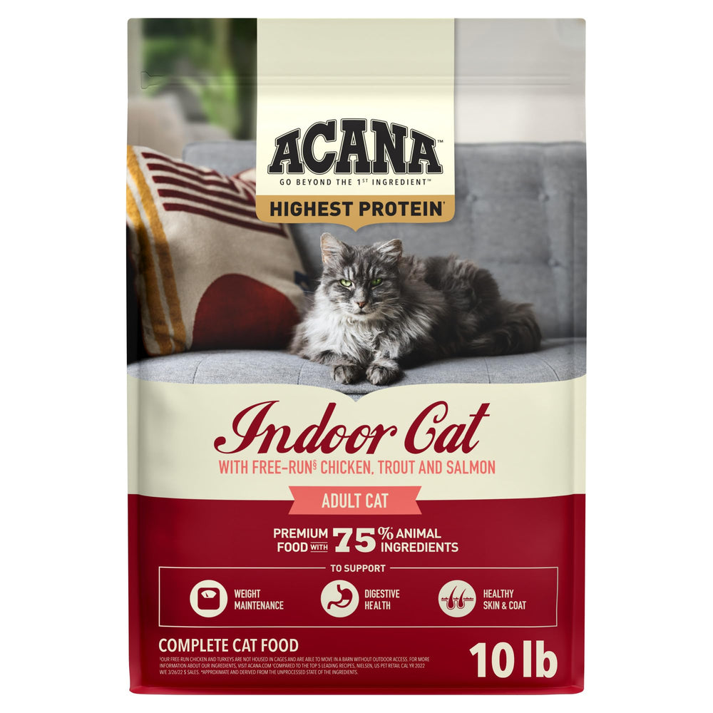 ACANA emballage face 10 lb montrant recette indoor et bénéfice nutritionnel