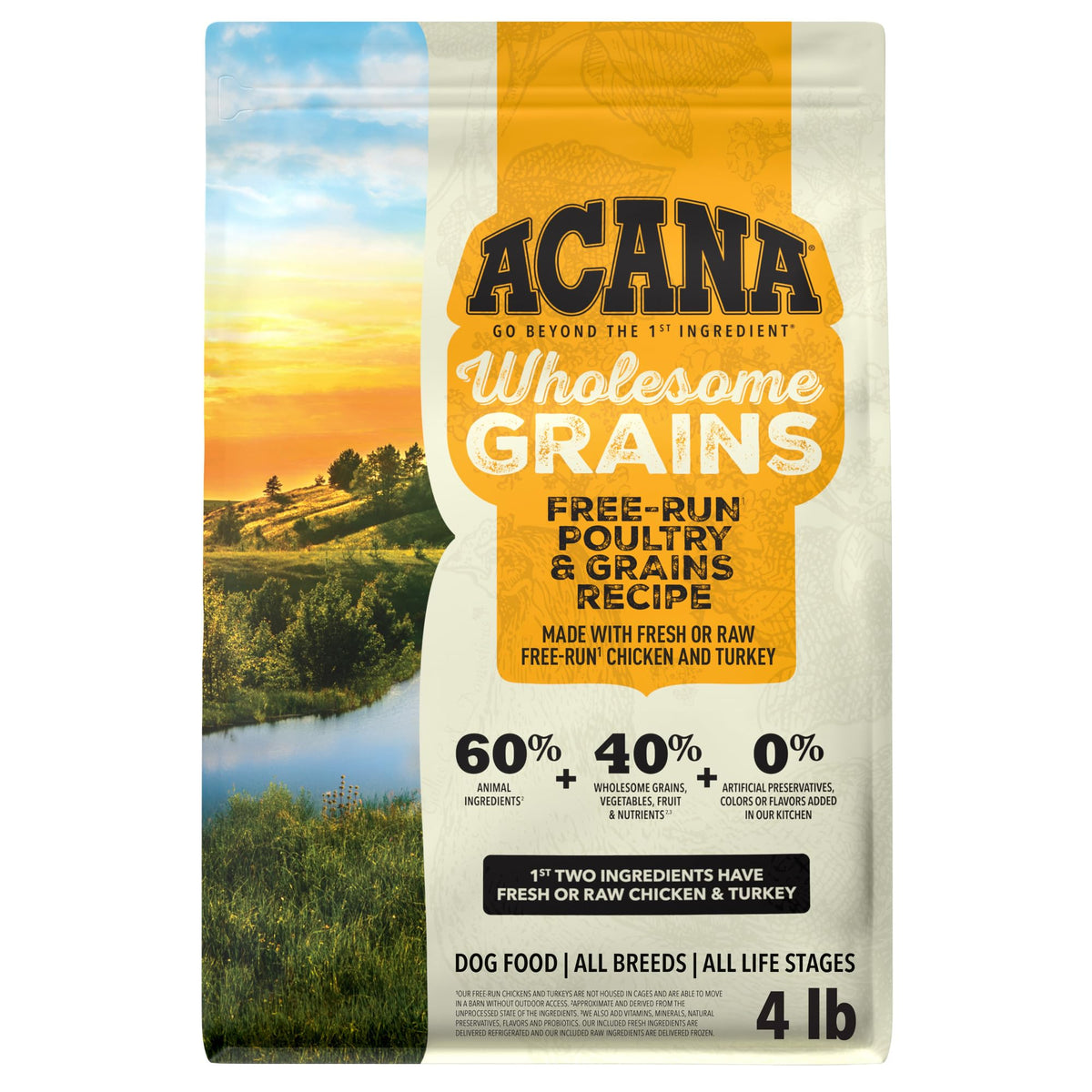 ACANA emballage face Poultry & Grains montrant la recette et bénéfice nutritionnel