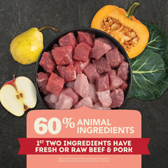 ACANA détail du glaçage lyophilisé au bœuf et porc, met en avant saveur intense