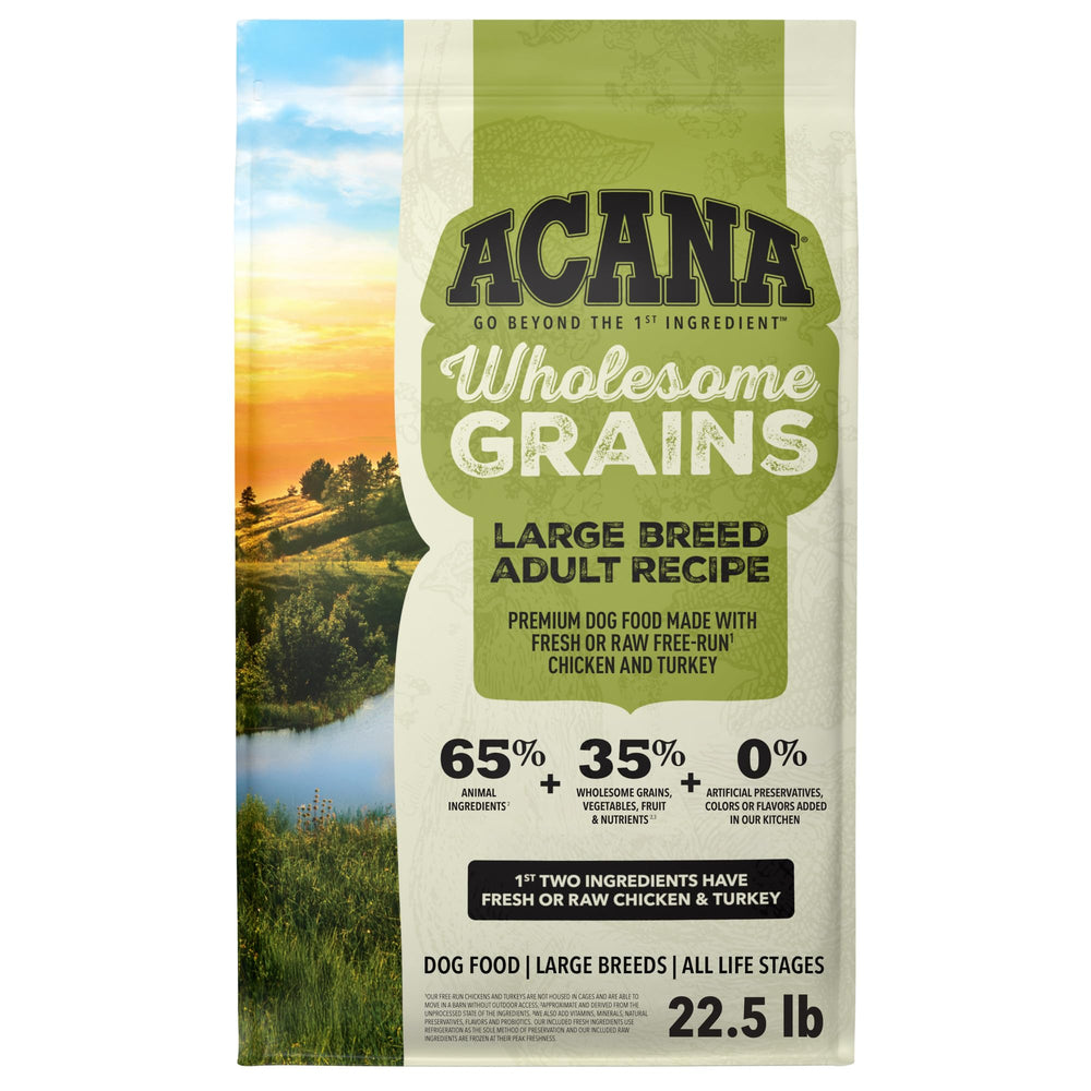 ACANA sac face montrant recette grandes races et bénéfice nutritionnel