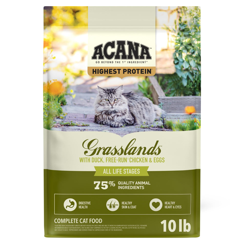 ACANA sachet face avant montrant la recette Grasslands et bénéfice haute protéine