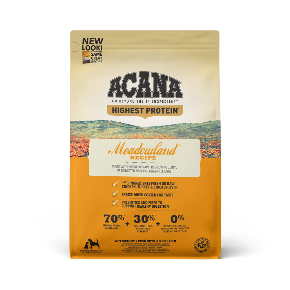 ACANA emballage Meadowland 4,5 lb montrant l’étiquette et bénéfice nutritionnel
