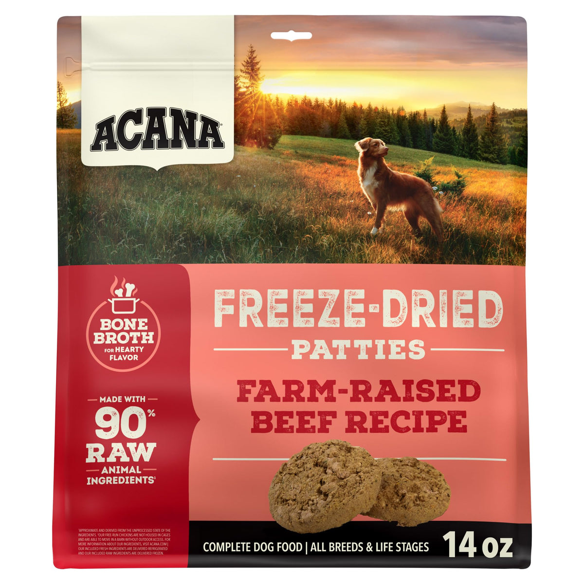 ACANA pack recto Ranch‑Raised montrant le design et bénéfice protéique