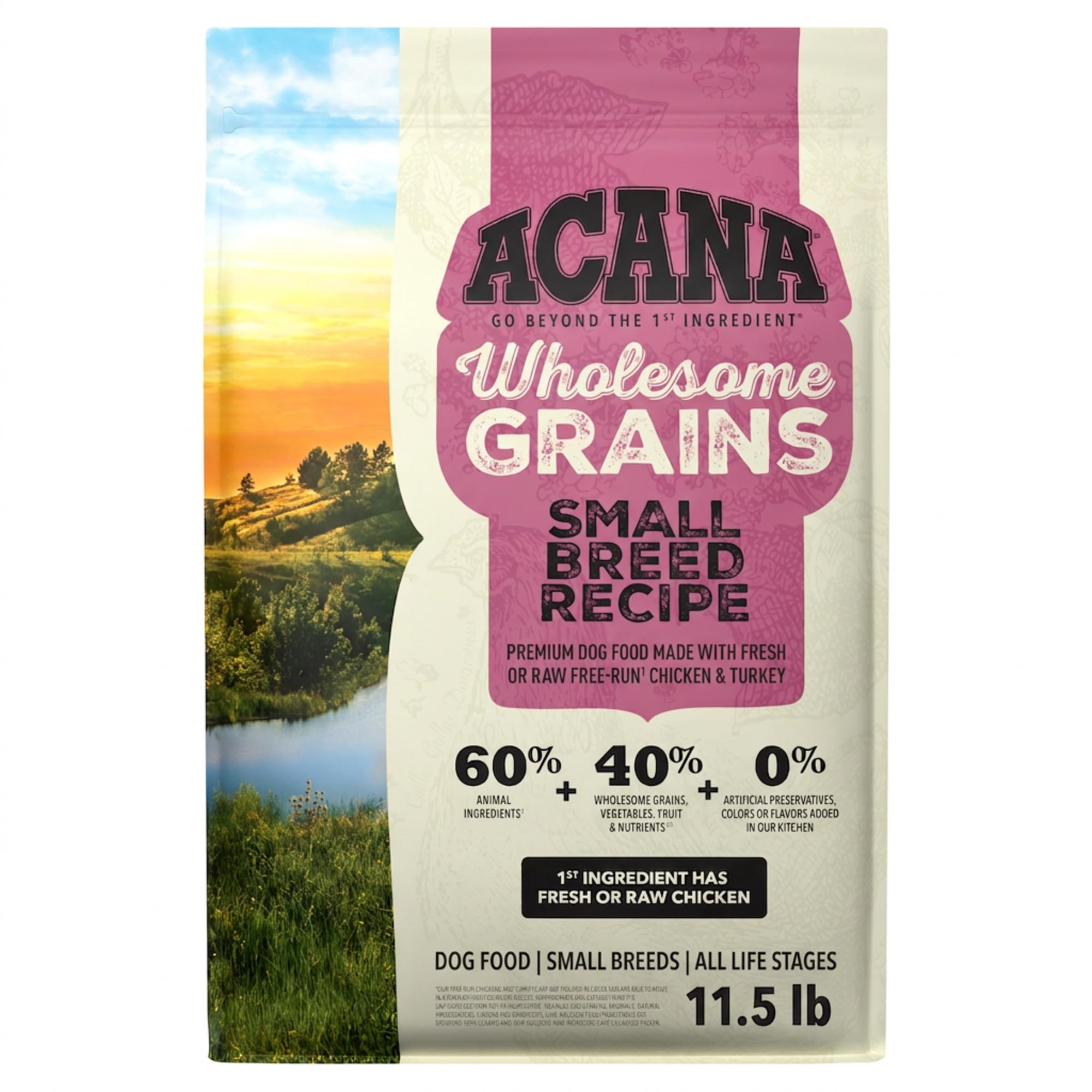 ACANA sachet 11,5 lb affichant la recette Small Breed et bénéfice nutritionnel
