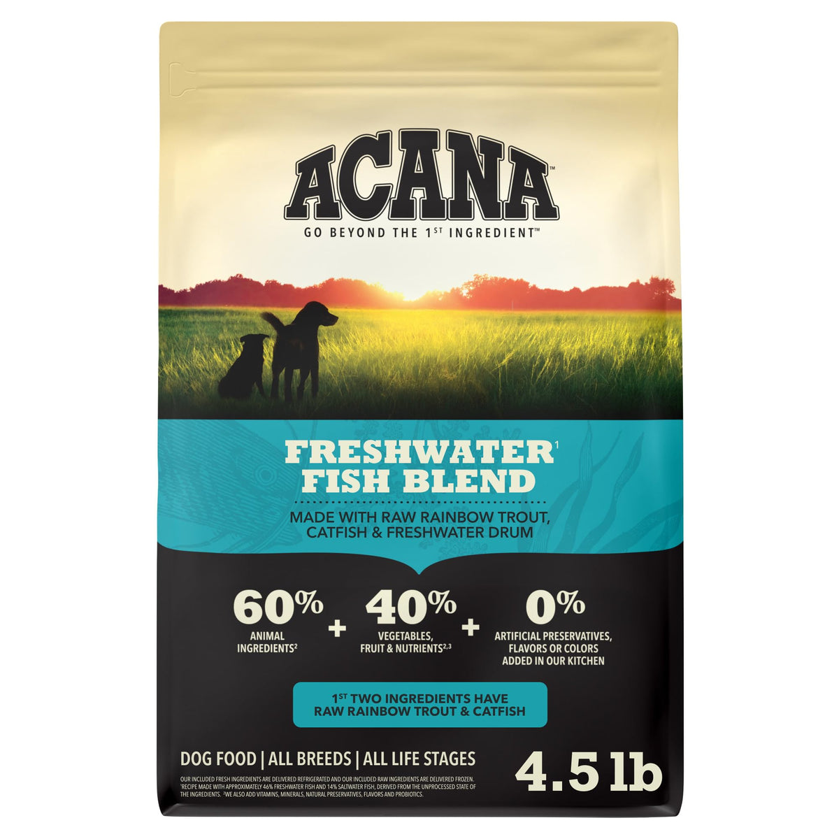 ACANA paquet face Freshwater Fish montrant l'emballage et bénéfice qualité