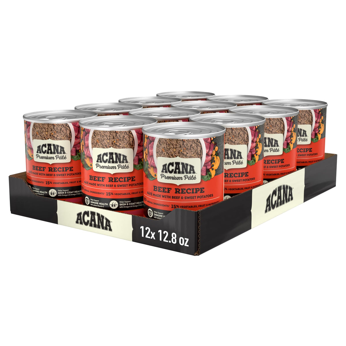 ACANA face du packaging montrant la recette bœuf et bénéfice nutritionnel