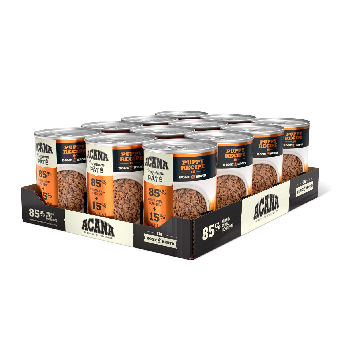 ACANA avant de la boîte montrant la recette puppy et bénéfice appétence