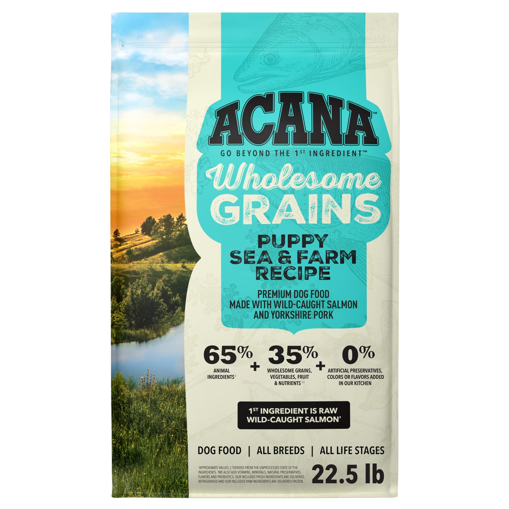 ACANA sac Wholesome Grains Puppy face montrant l'étiquette et avantages nutritionnels