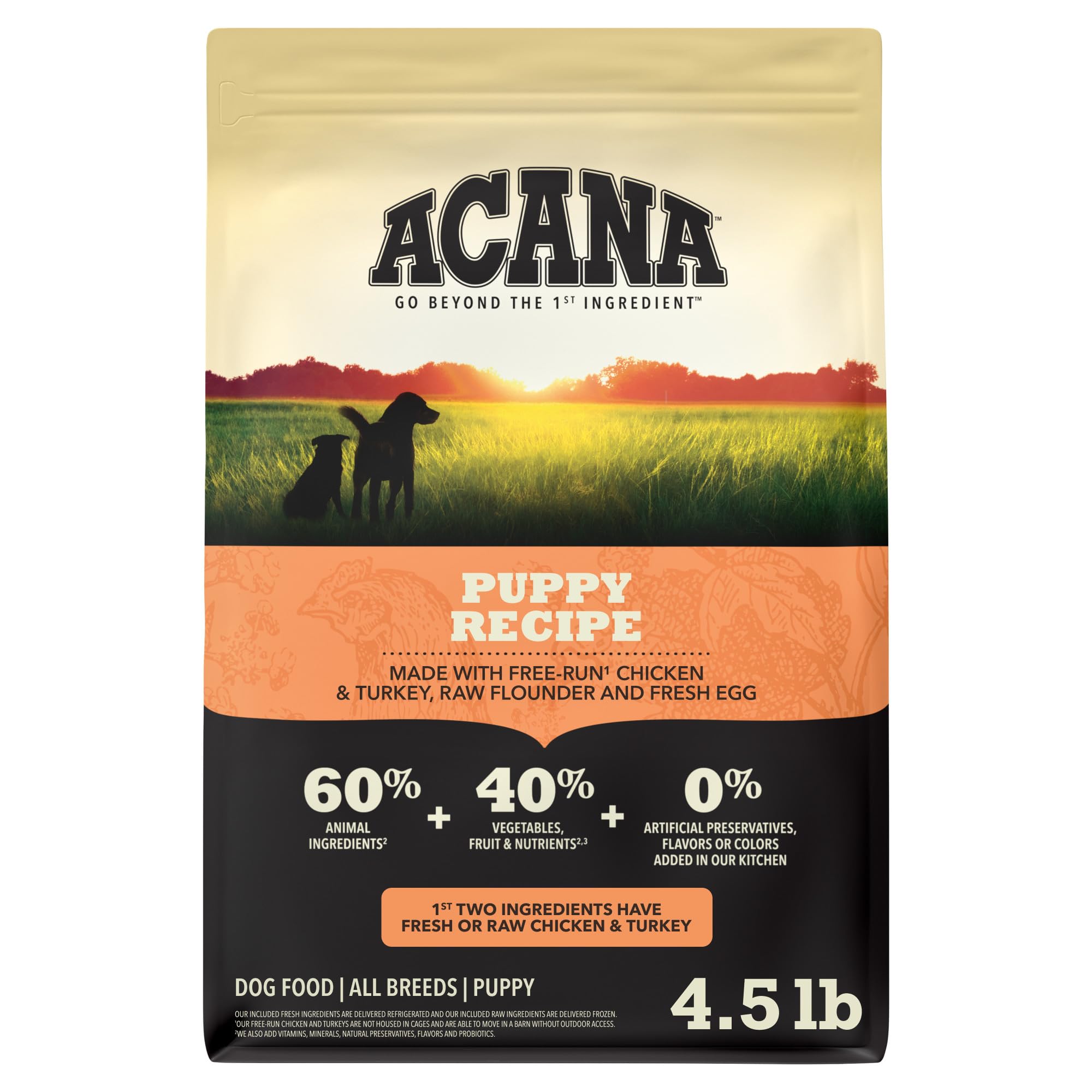 ACANA sac avant Puppy Recipe montrant le format 4,5 lb et bénéfice appétence