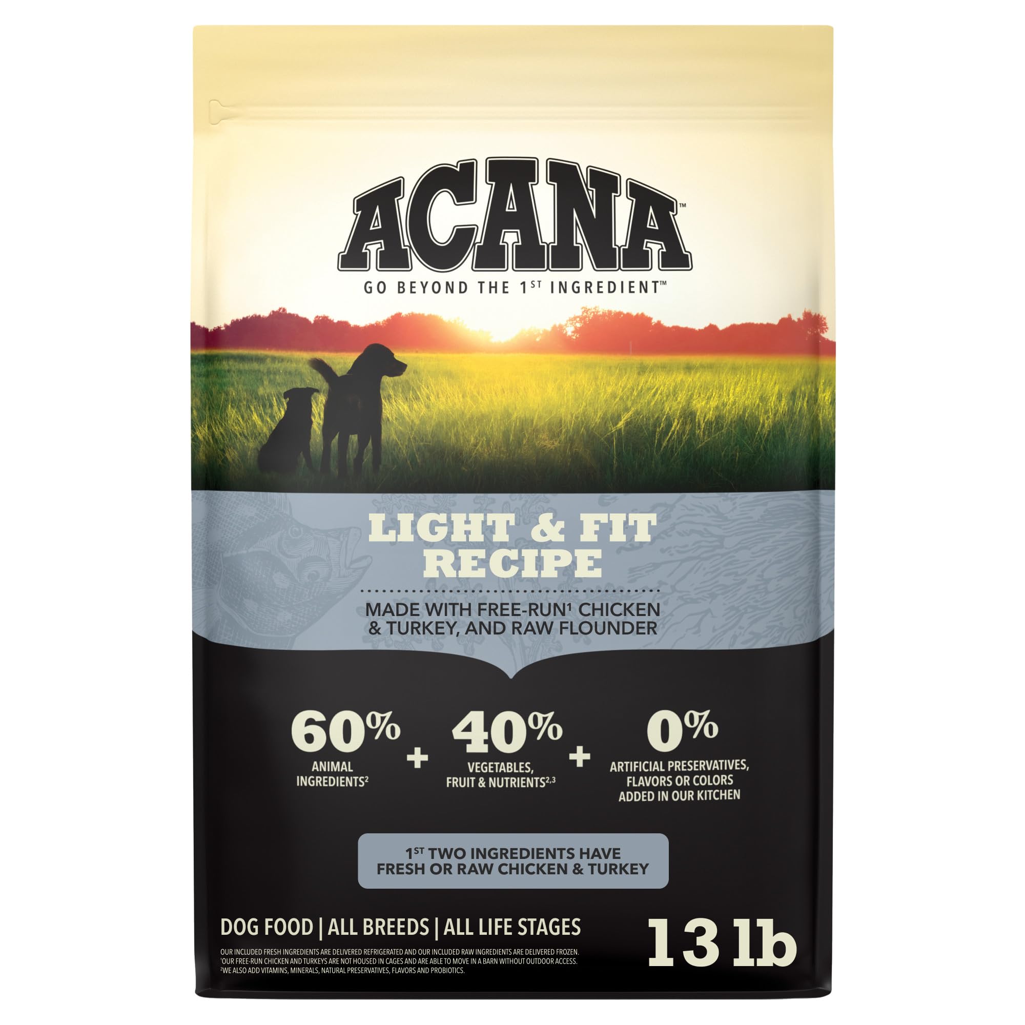 ACANA sac 13 lb face montrant le design et l'étiquette, assure clarté des ingrédients