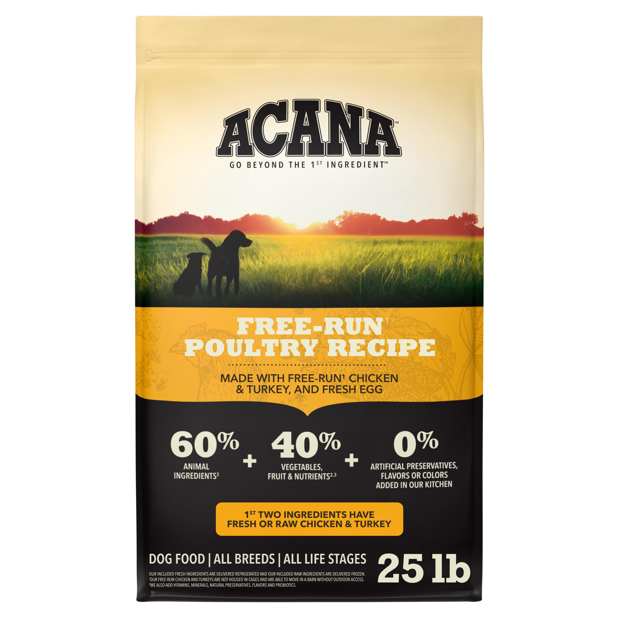 ACANA sachet 25 lb montrant l'emballage complet et la praticité de stockage