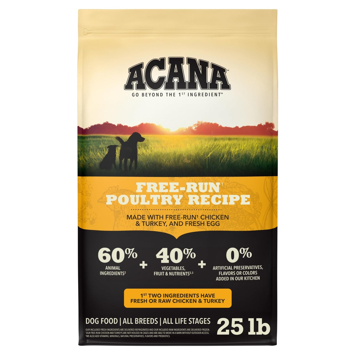 ACANA sachet 25 lb montrant l'emballage complet et la praticité de stockage