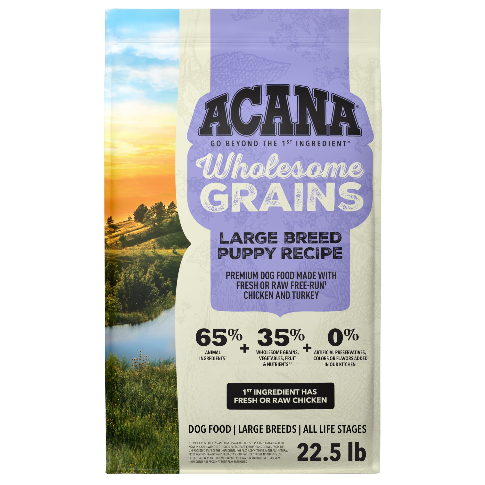 ACANA sachet avant montrant recette pour grandes races et facilité d'utilisation