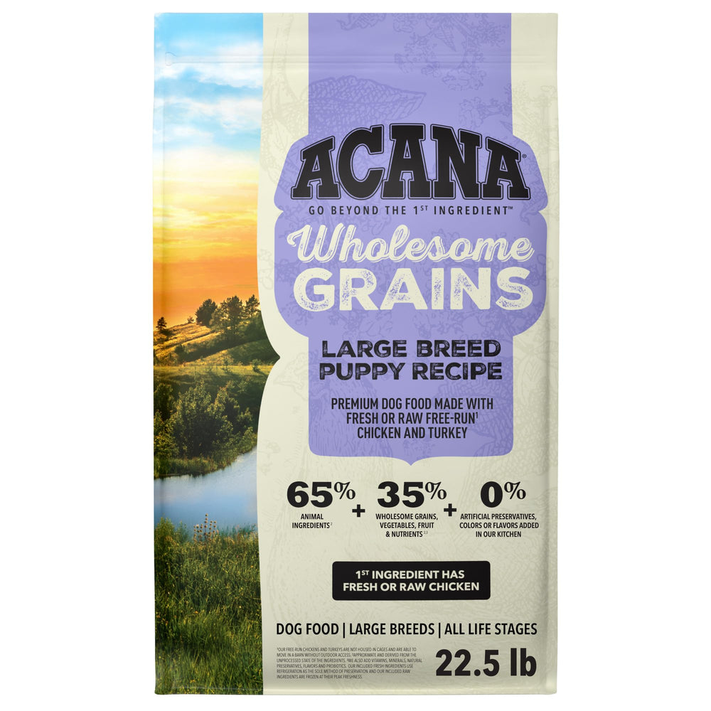 ACANA sachet avant montrant recette pour grandes races et facilité d'utilisation