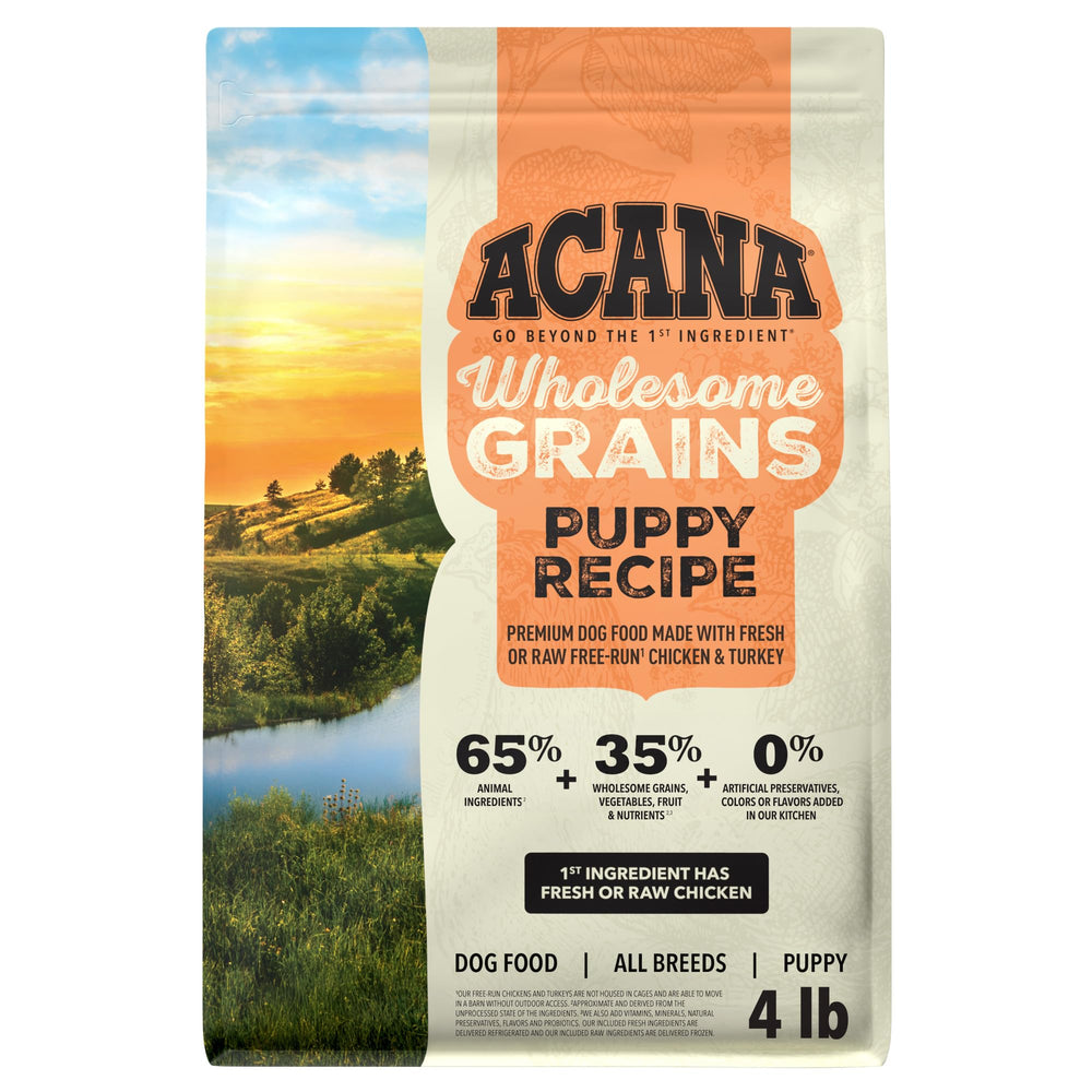 ACANA sachet face pour chiot montrant l'emballage et l'avantage nutritionnel
