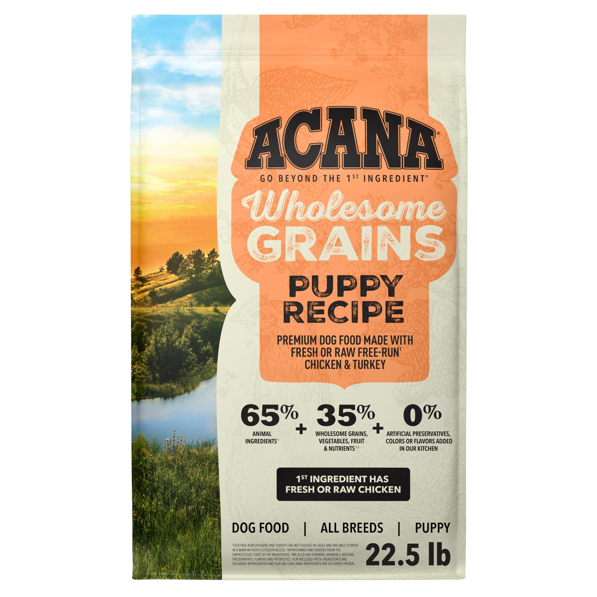 ACANA sachet face montrant la recette Puppy et bénéfice nutritionnel