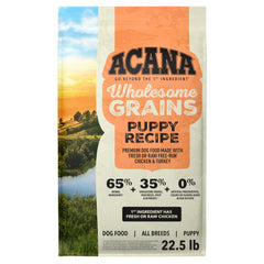 ACANA sachet face montrant la recette Puppy et bénéfice nutritionnel