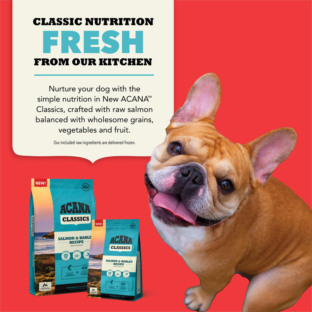 Étiquette nutritionnelle ACANA Salmon & Barley détaillant ingrédients clés
