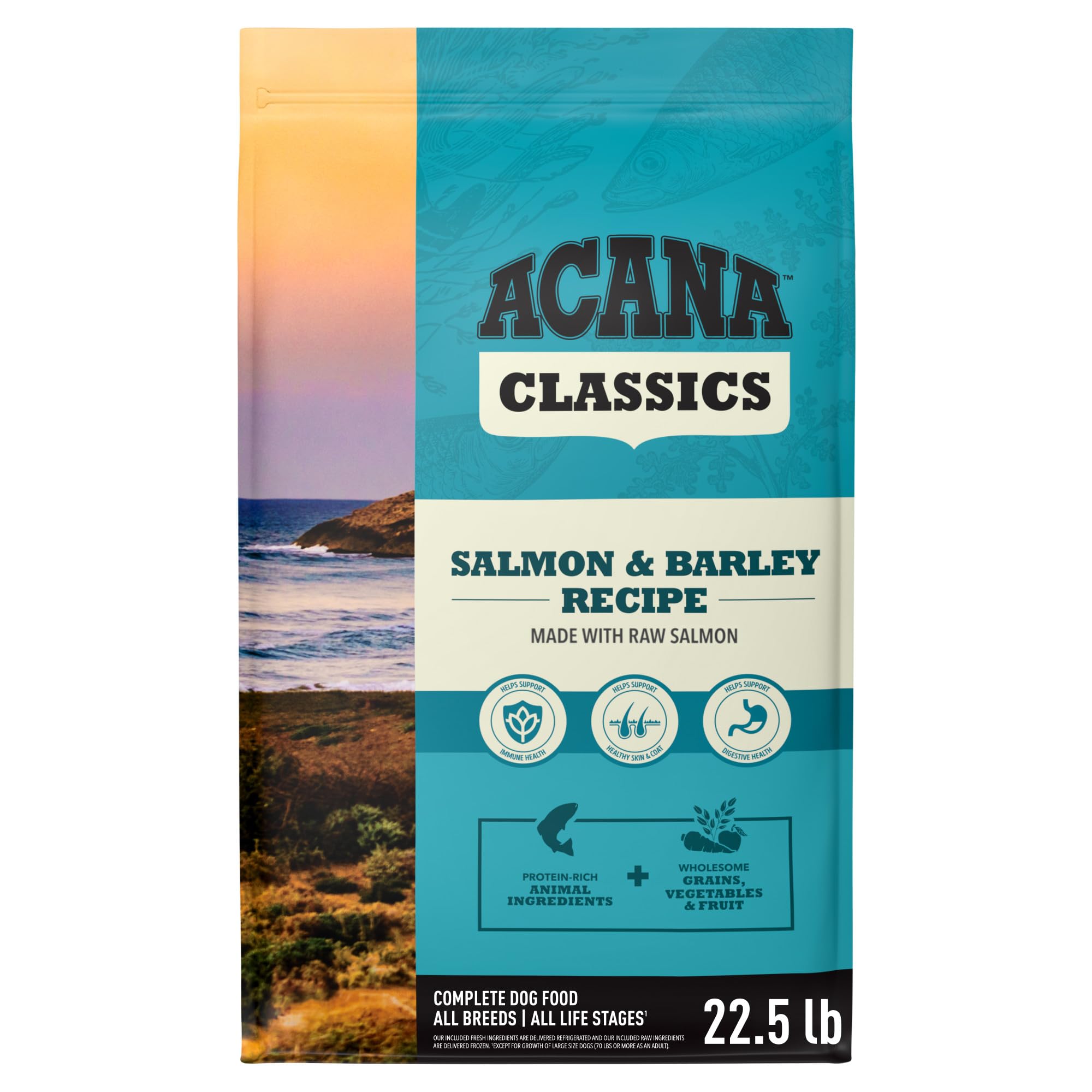ACANA sac face montrant saumon et orge pour nutrition équilibrée