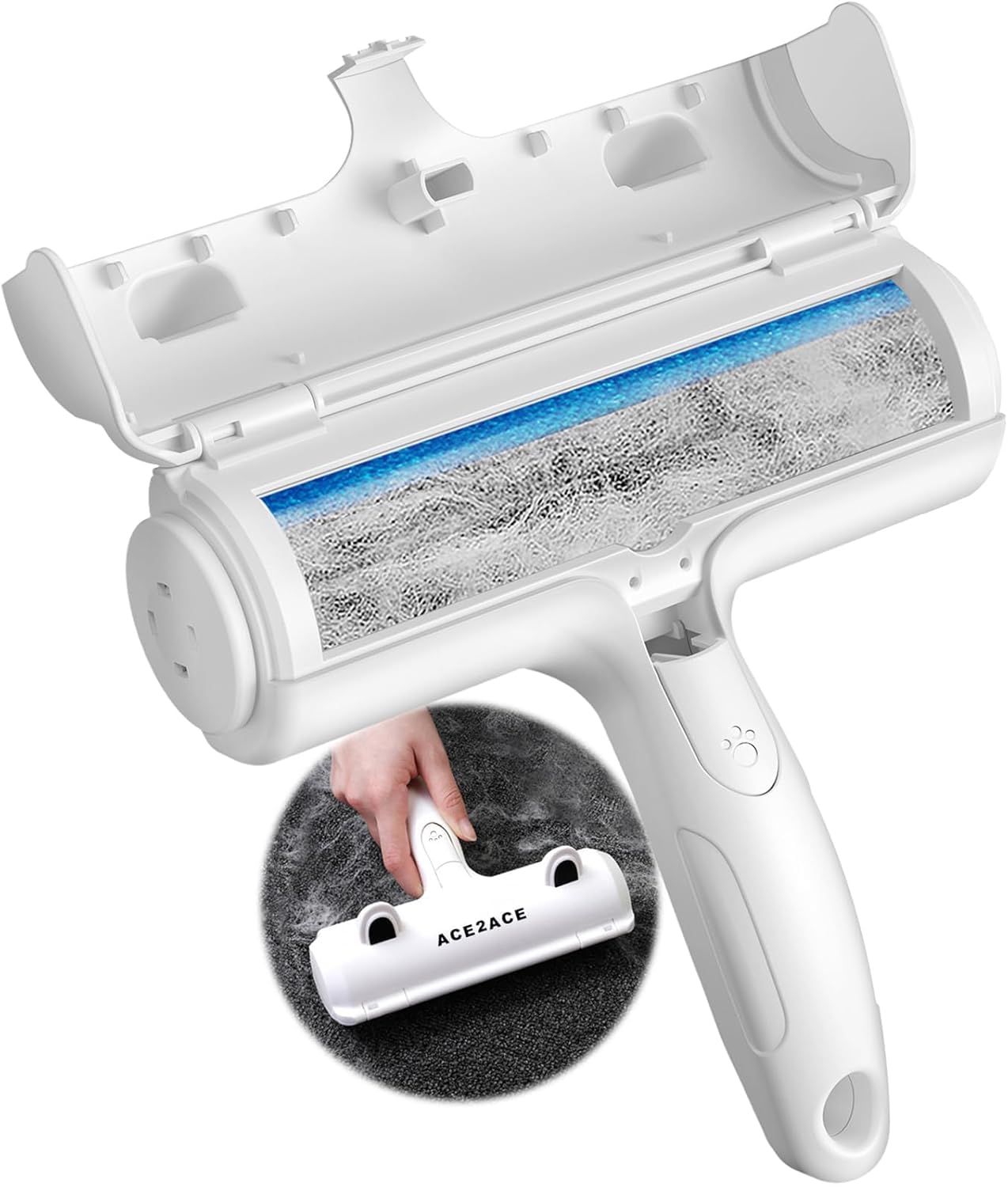 ACE2ACE vue frontale du ramasse-poils blanc montrant design ergonomique et efficacité