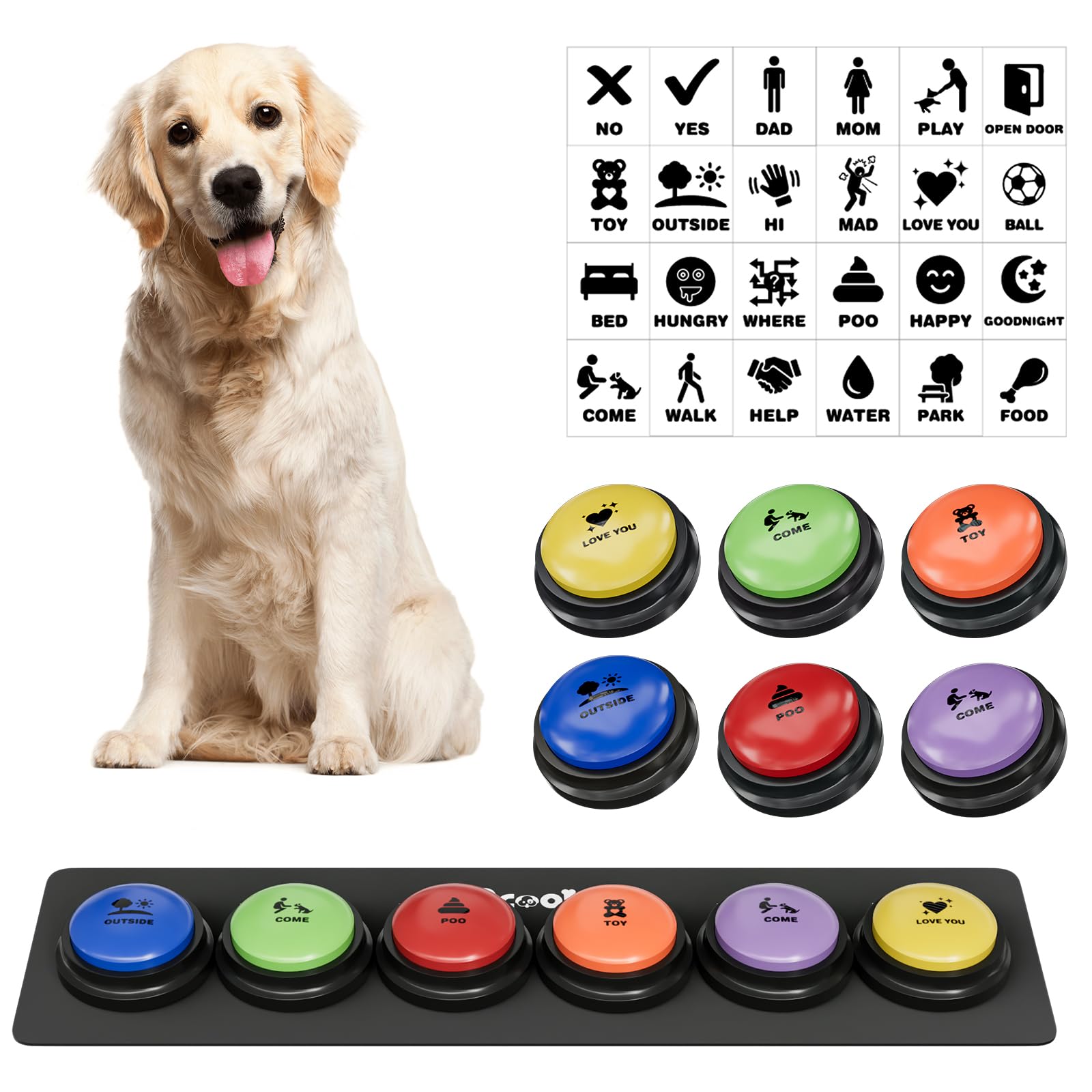 Acools emballage complet du kit de boutons parlants montrant les couleurs et le tapis