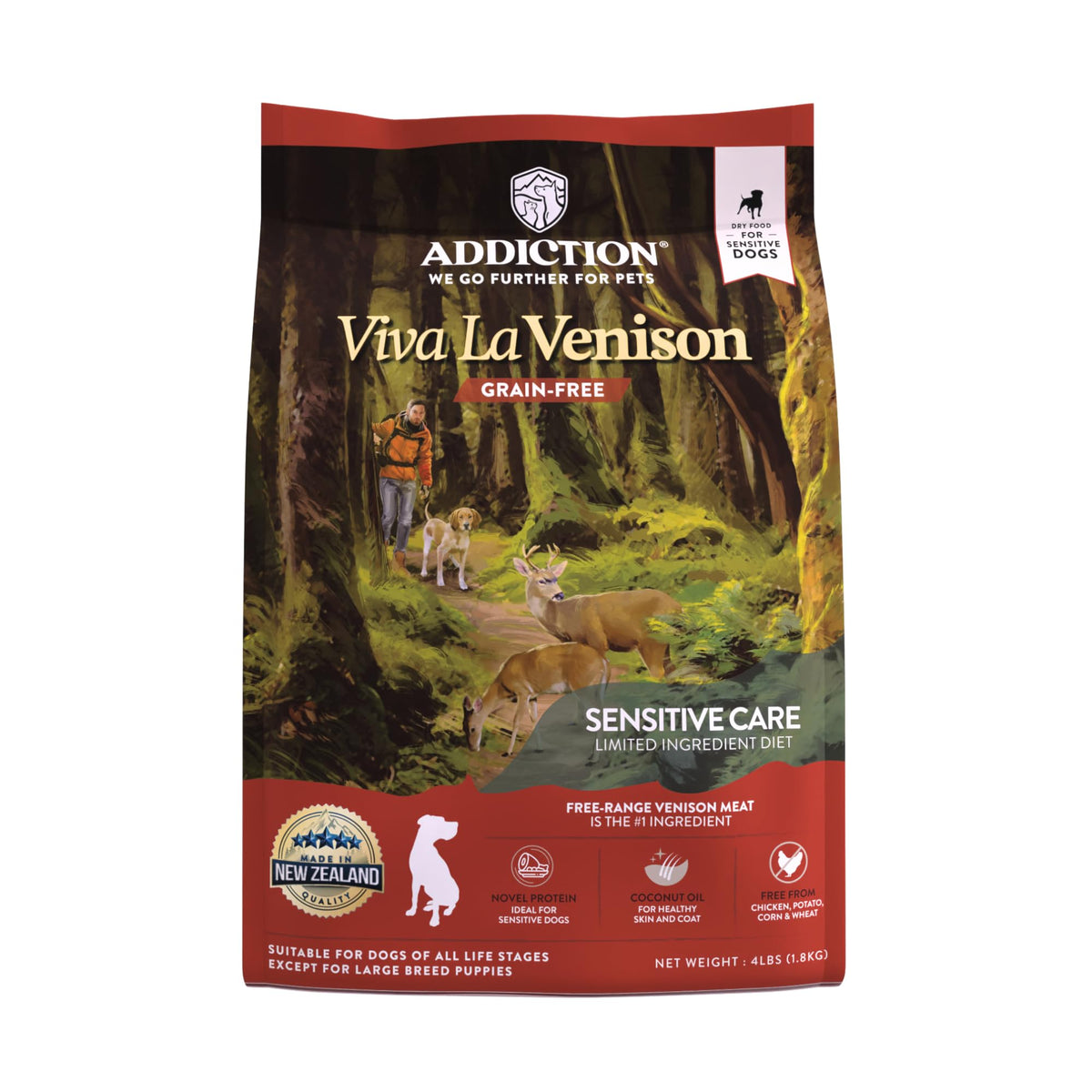 Addiction emballage face montrant la recette venison et bénéfice hypoallergénique