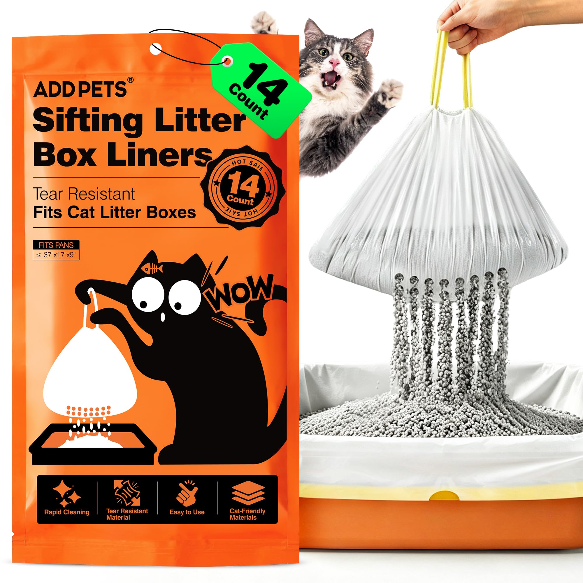 ADDPETS emballage avant montrant 14 sacs, gain de temps au nettoyage
