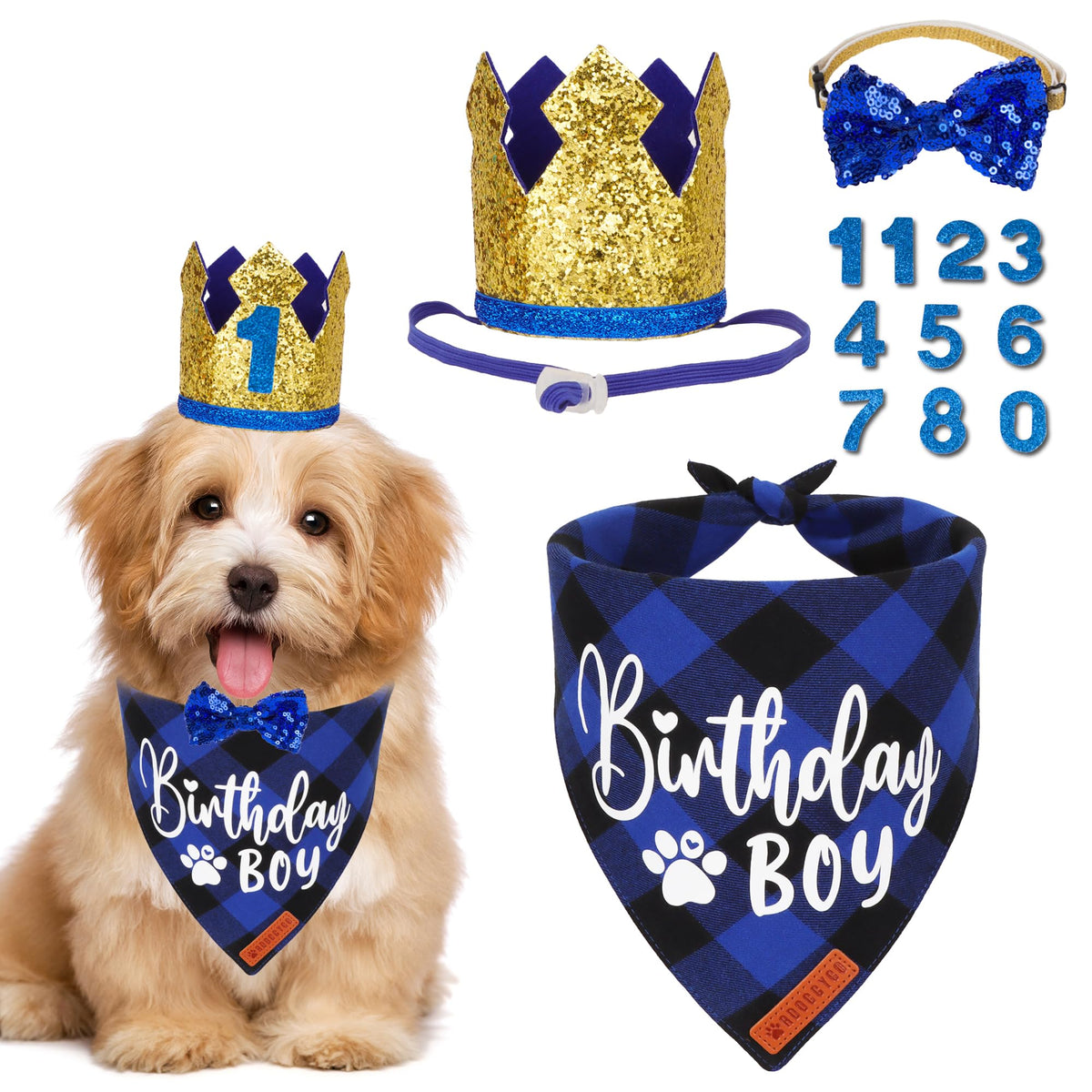 ADOGGYGO ensemble devant montrant bandana, couronne et nœud pour photos festives