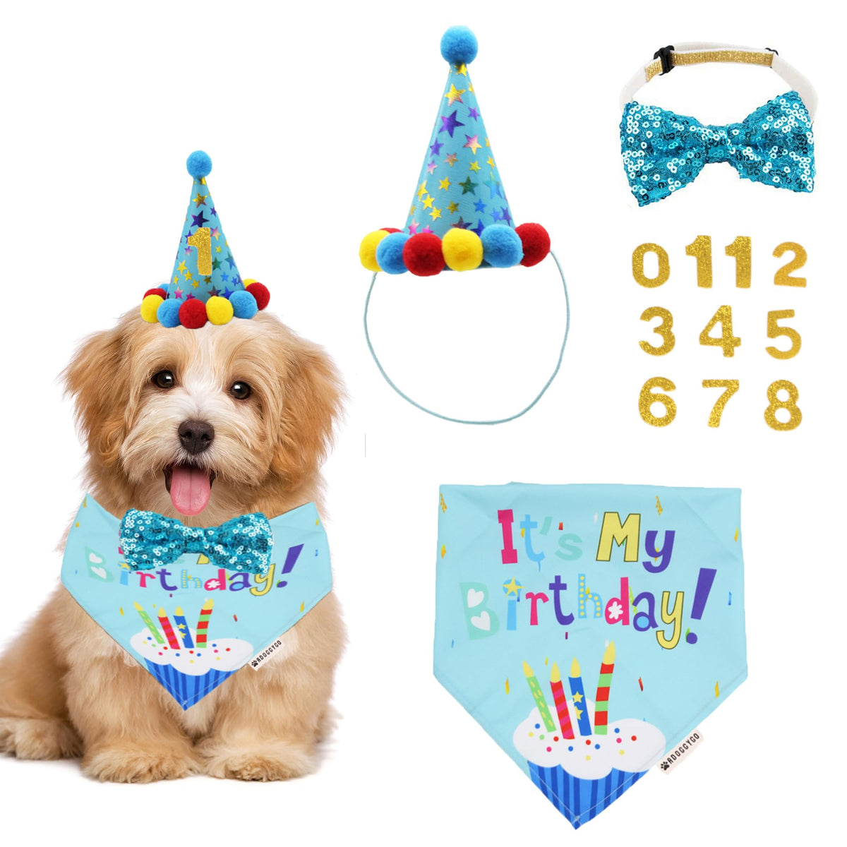 ADOGGYGO ensemble face montrant chapeau, bandana et nœud papillon, parfait pour photos