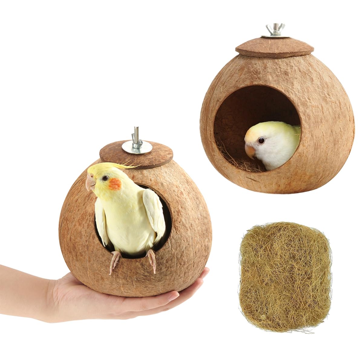 AHBLQD nid en noix de coco vue de face abri naturel pour perruches
