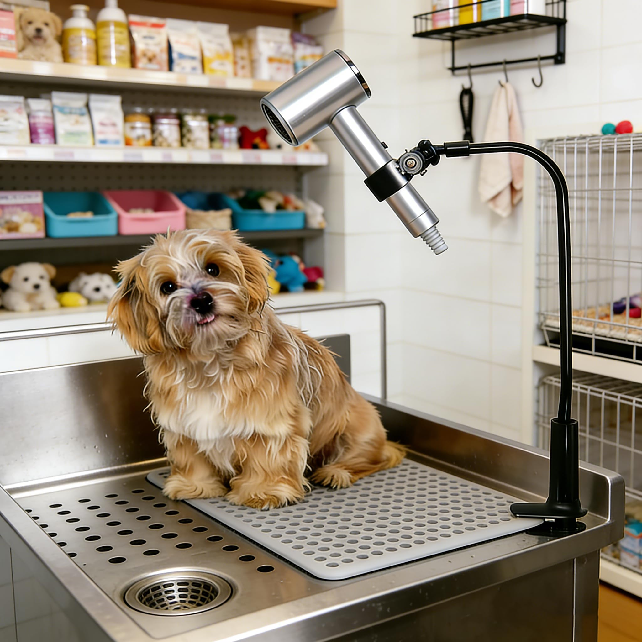 Aicnsepec en usage sur chien montrant confort et contrôle lors du séchage