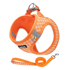Aiitle harnais avant emballage montrant design orange et motif tartan, pratique