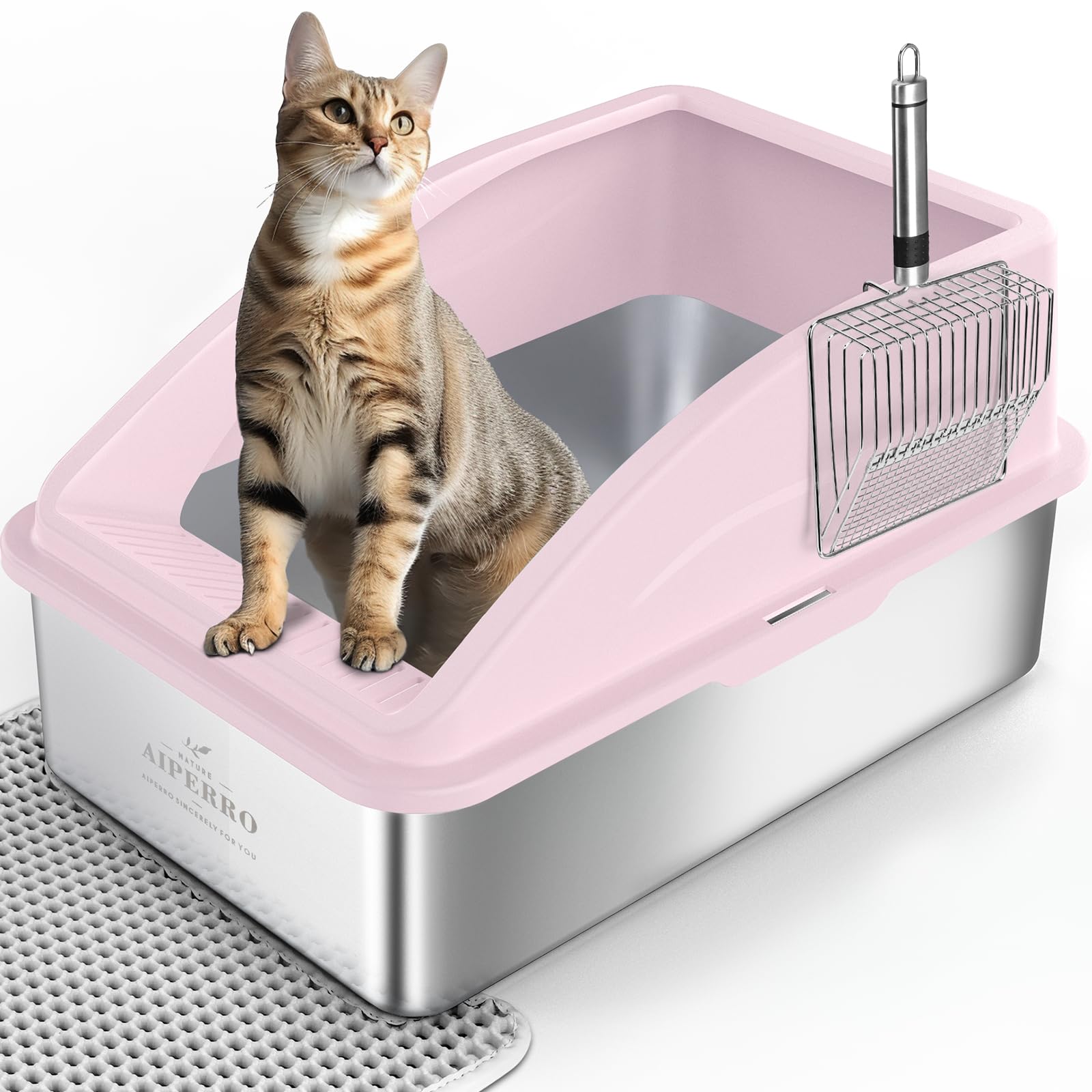 AIPERRO bac à litière acier inoxydable vue avant, design fermé et solide