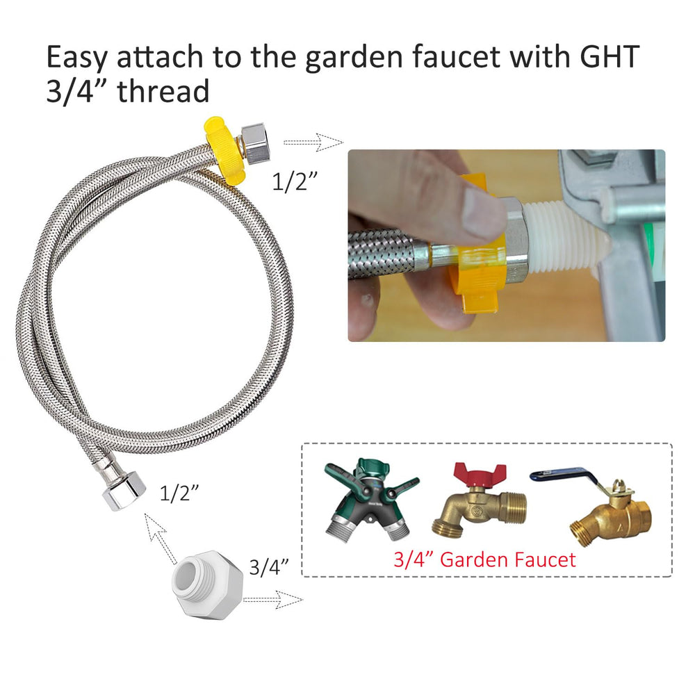 AKUATUZ adaptateur et tuyau illustrant raccordement simple au robinet