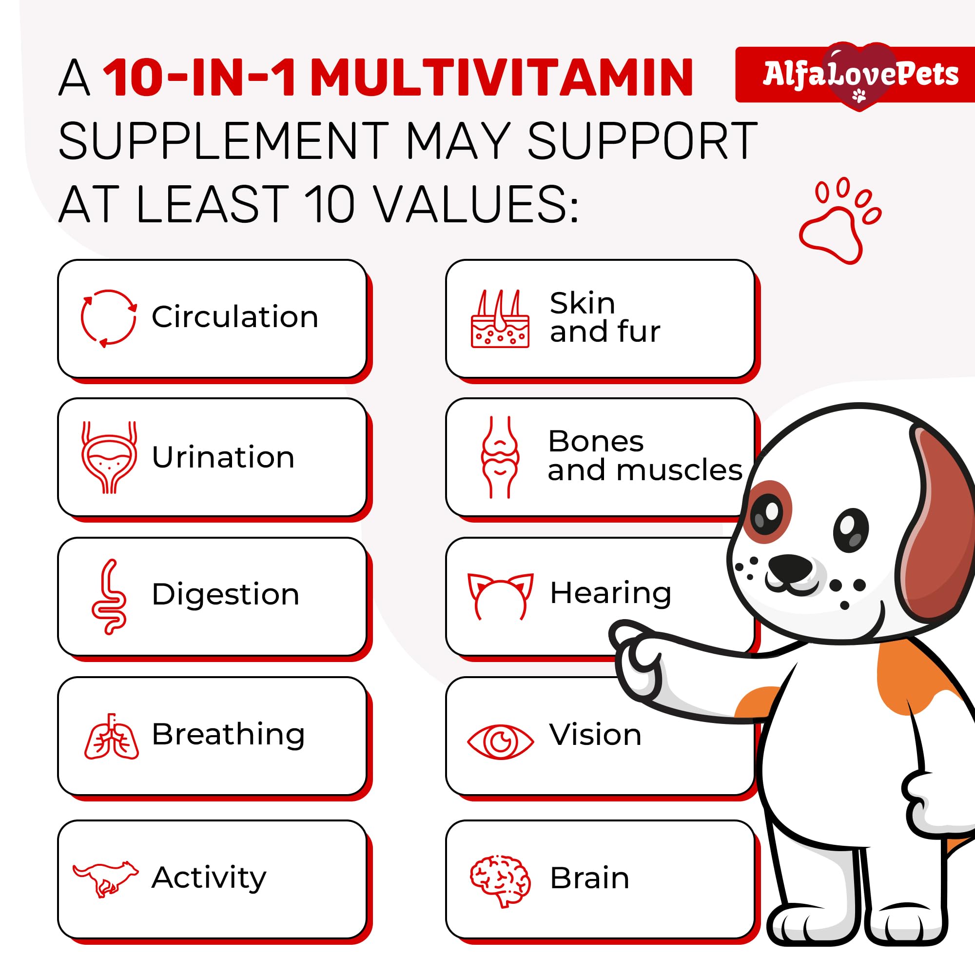 Alfa Love Pets étiquette en gros plan listant vitamines B, C, D3 et glucosamine pour clarté