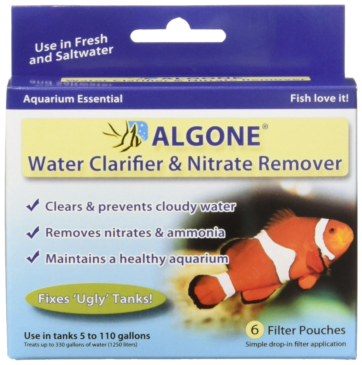 Algone emballage avant montrant 6 pochettes et bénéfice d'eau claire