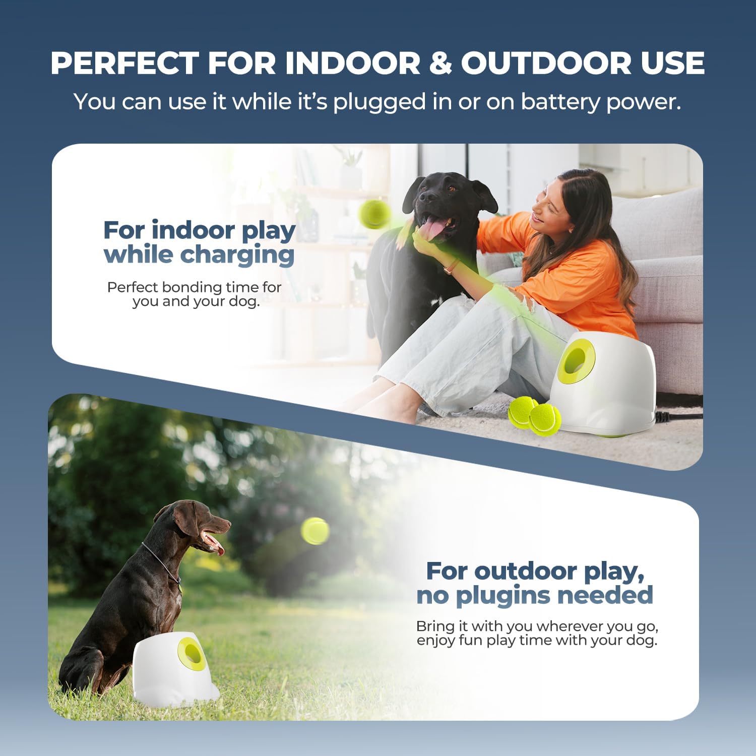 ALL FOR PAWS lanceur en charge indiquant portabilité et autonomie rechargeable
