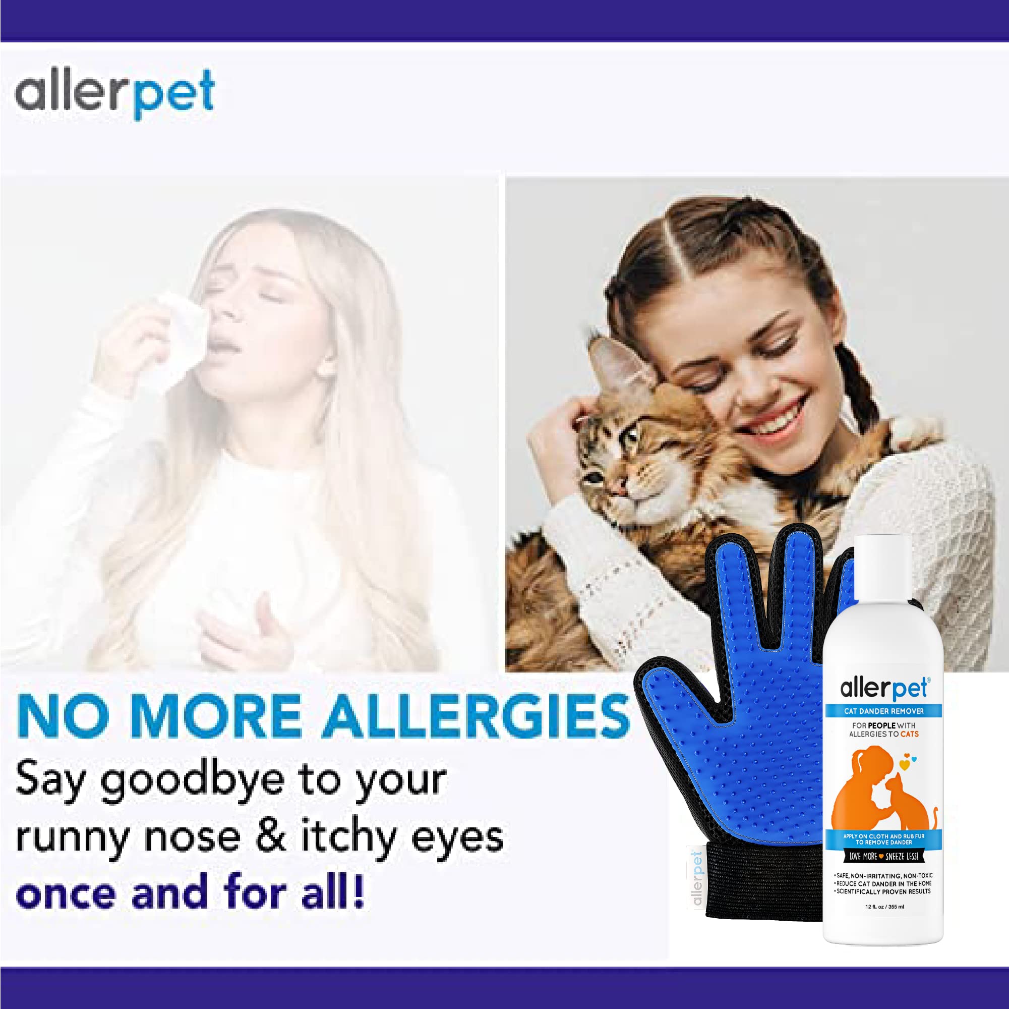 Allerpet avant et après utilisation sur chat illustrant réduction du dander