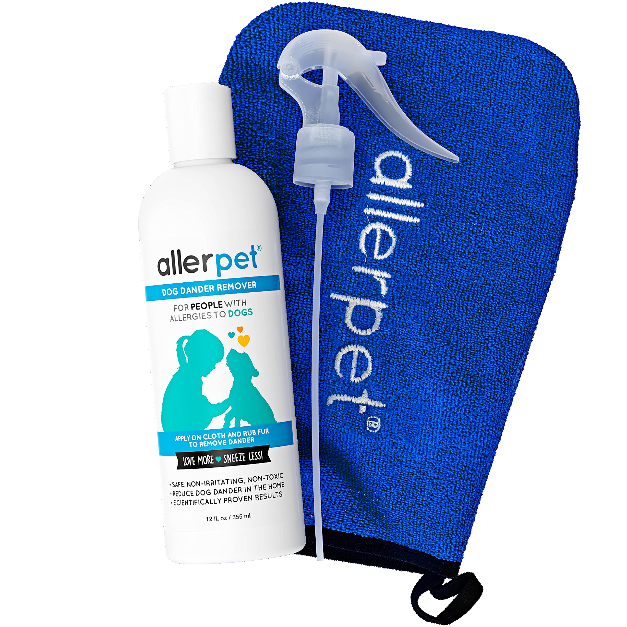 Allerpet flacon 12oz montrant l'étiquette et l'accessoire, réduit les allergènes domestiques