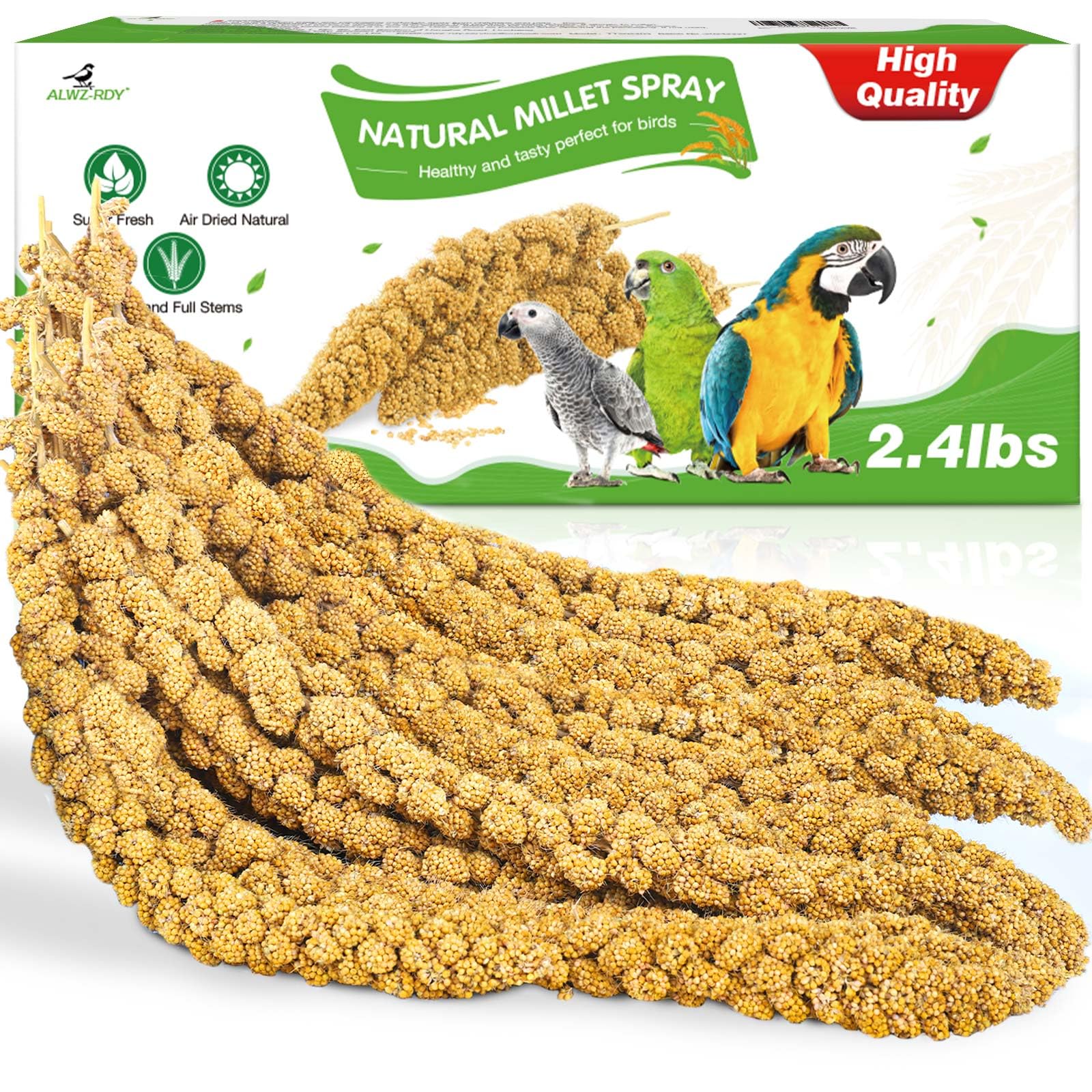 ALWZ-RDY boîte ouverte montrant sprays de millet frais, facile à distribuer