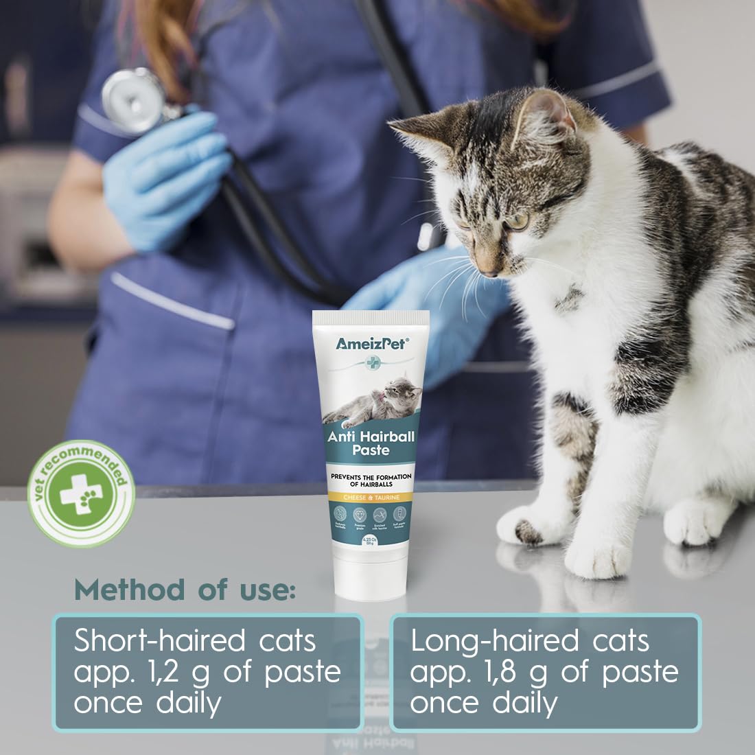 AmeizPet pot près d’un chat léchant, solution simple pour propriétaires