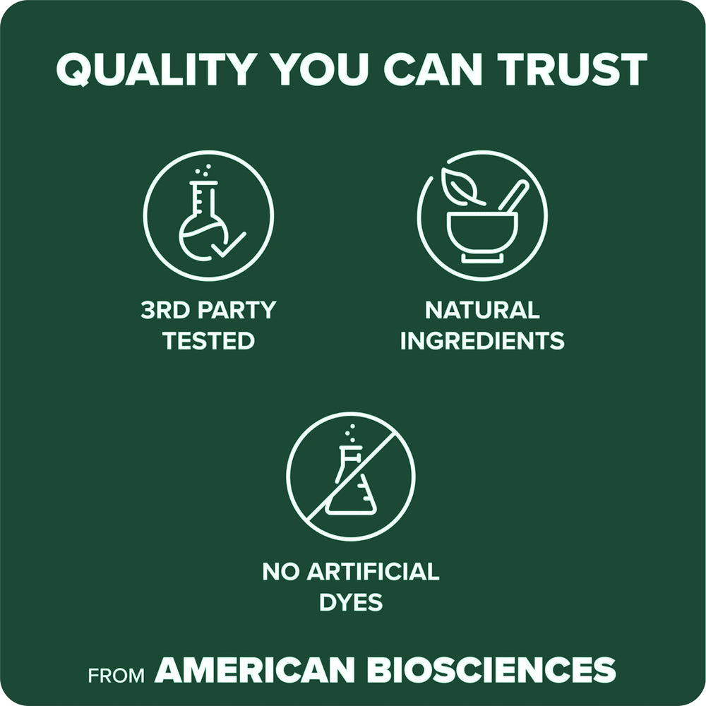 Étiquette DGP lisible montrant ingrédients et dosage, American BioSciences, transparence qualité