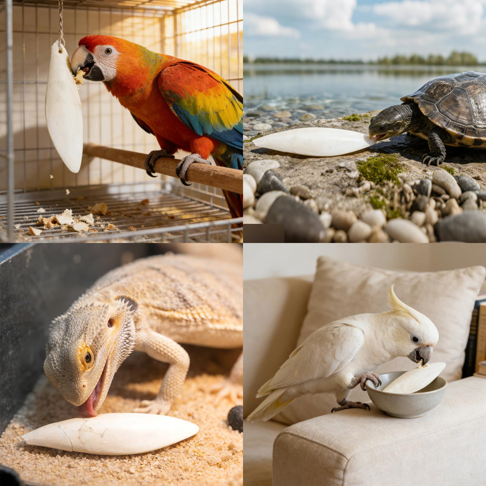 Amzey oiseau en train de picorer le cuttlebone stimulant l’activité mentale
