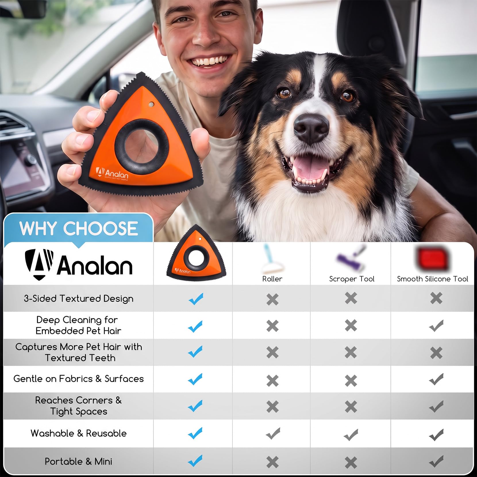 Analan en action sur siège de voiture enlevant poils pour un intérieur propre