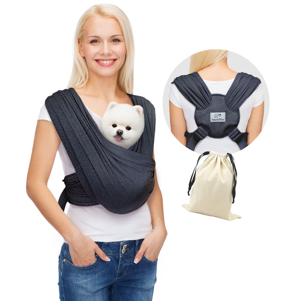 AnccoPlus vue de face du porte-chien charcoal montrant l'enveloppe sécurisante
