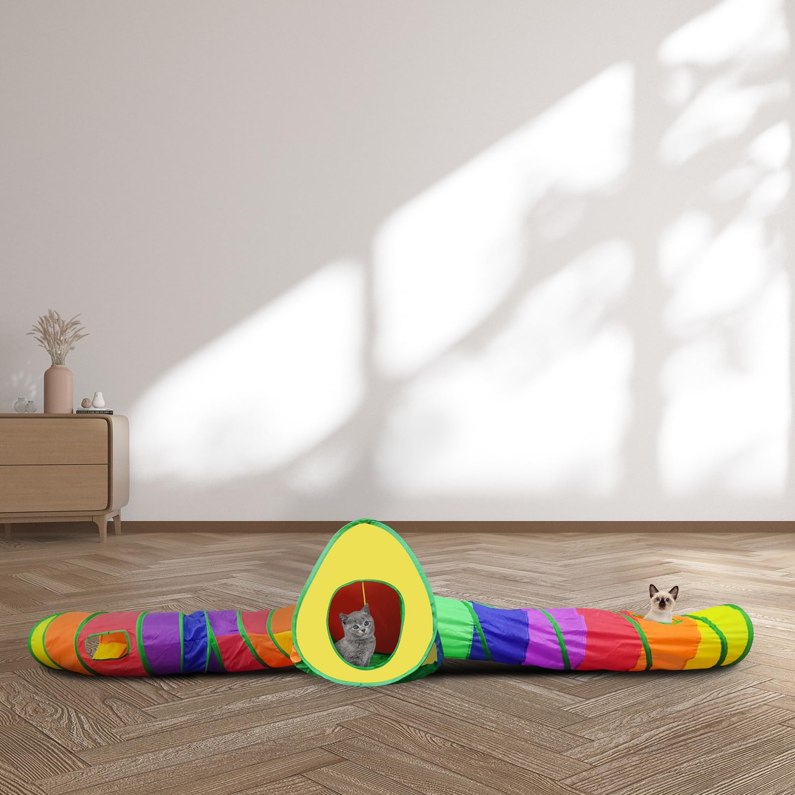 Andiker tente avec balle en peluche sur le dessus, attire l'attention du chat