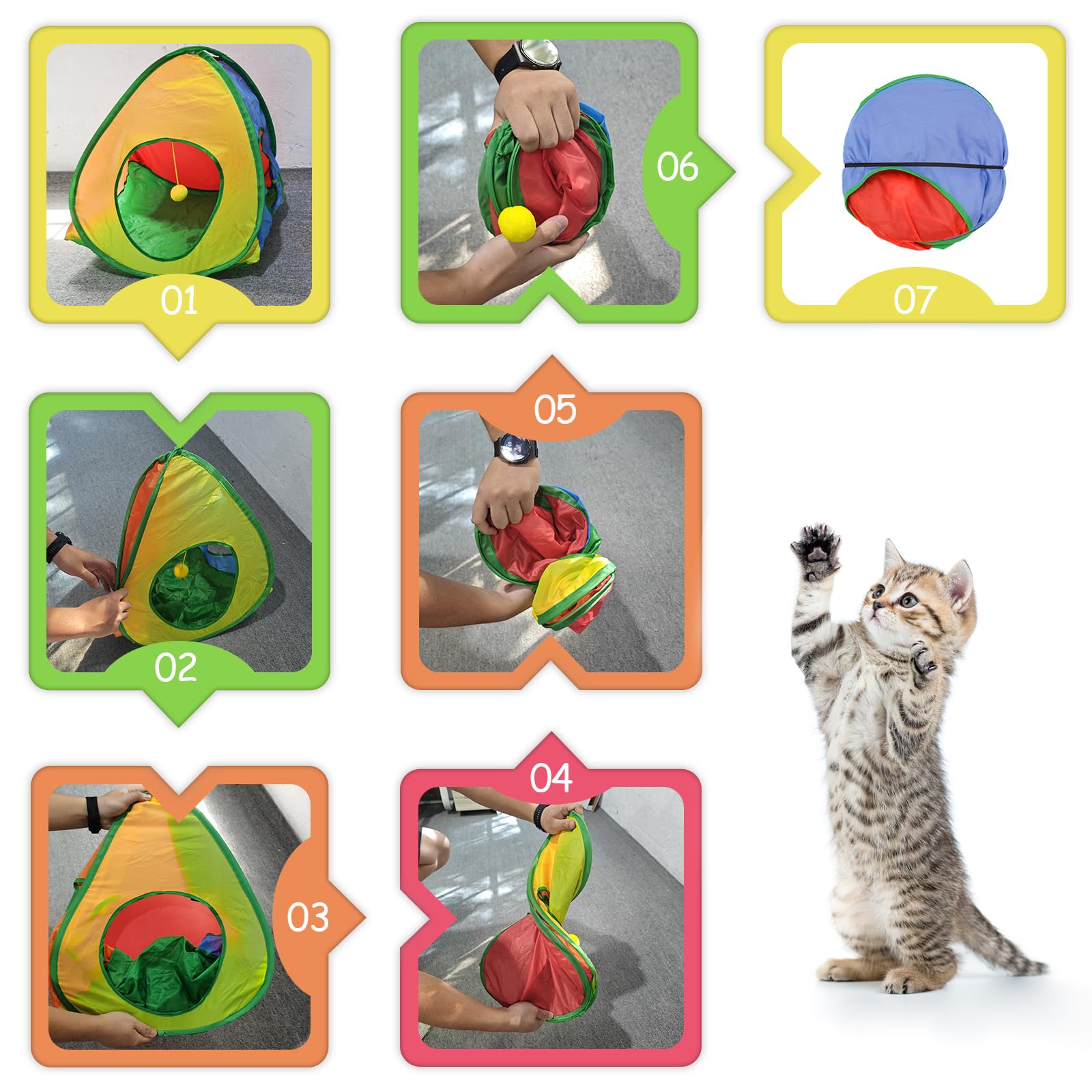 Andiker tente en usage avec chaton jouant, stimulation et confort visibles