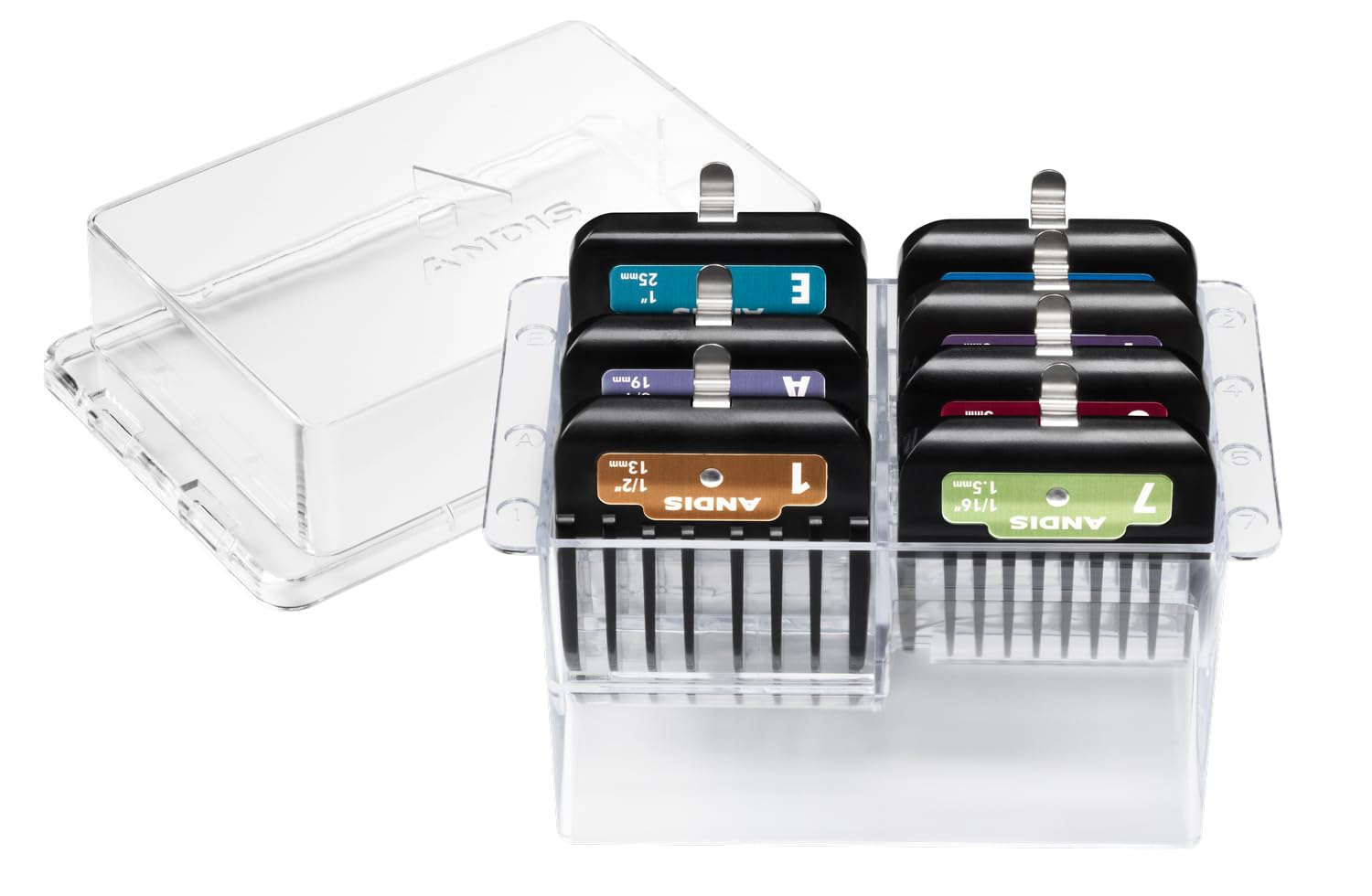Andis pack de peignes clip montrant les sept couleurs et une fixation solide