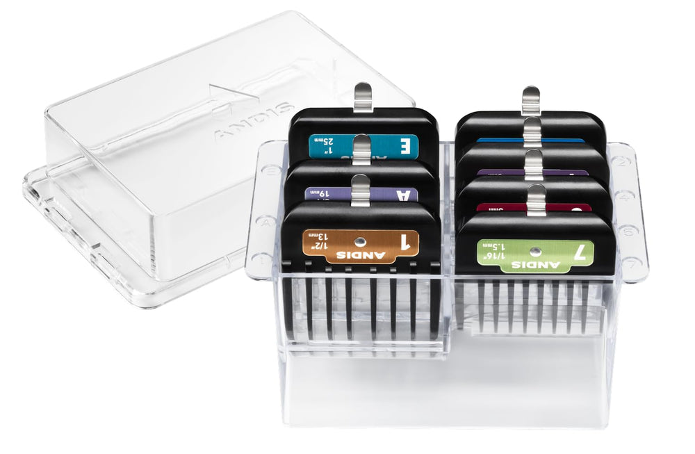 Andis pack de peignes clip montrant les sept couleurs et une fixation solide