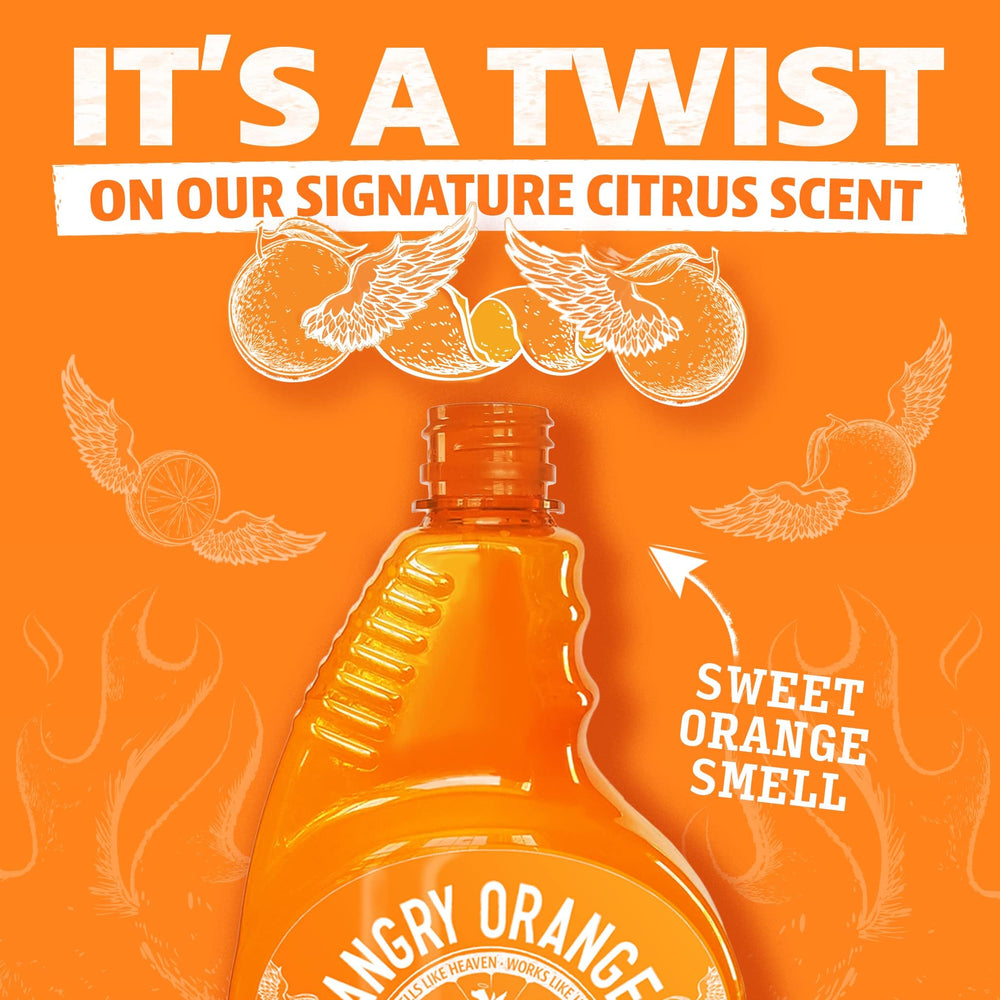 Flacon Angry Orange 32oz à côté d'un objet pour comparaison d'échelle pratique
